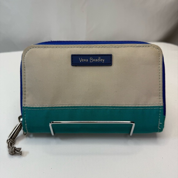 Vera Bradley Cream & Teal w/Royal Blue Zipper Bird Print RFID Protection Wallet - Picture 2 of 9